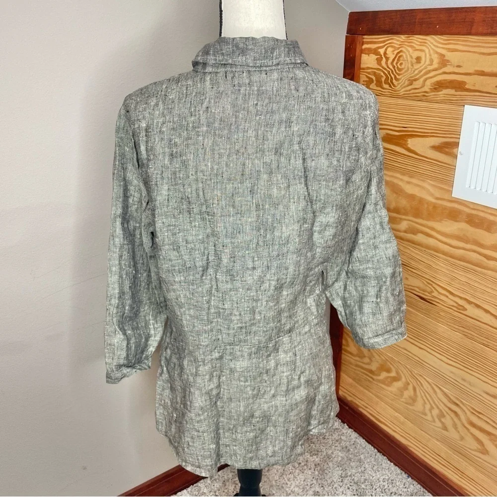 Flax Grey 100% Linen Collared Button Up Shirt Top Blouse Small